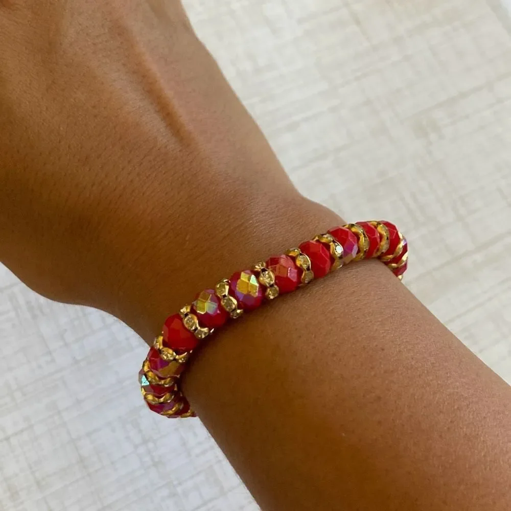 Women’s Red Beaded Stretch Bracelet AB Crystal Finish Gold Tone Accents